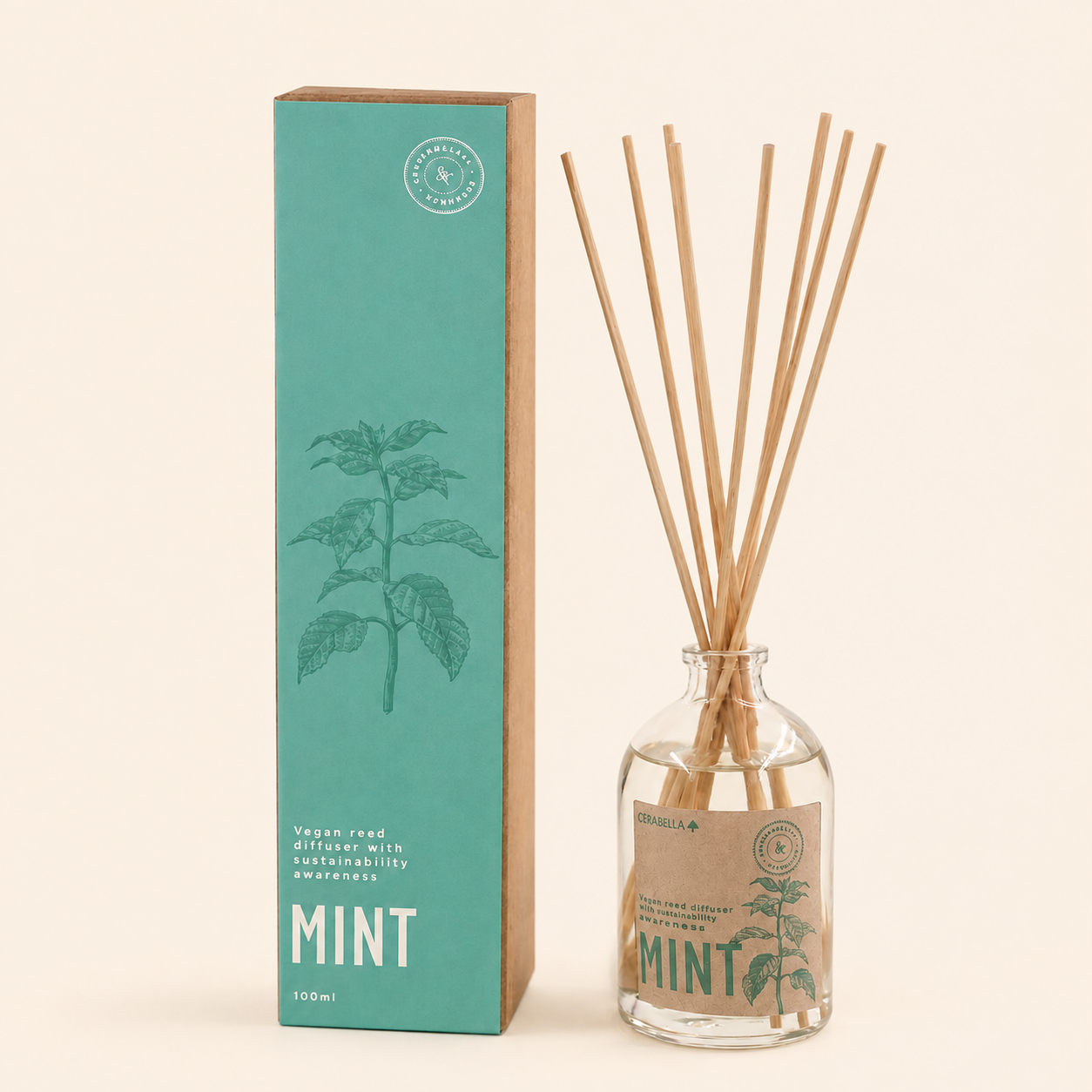 Mikado Cerabella Botanics Menta sobre fondo beige claro