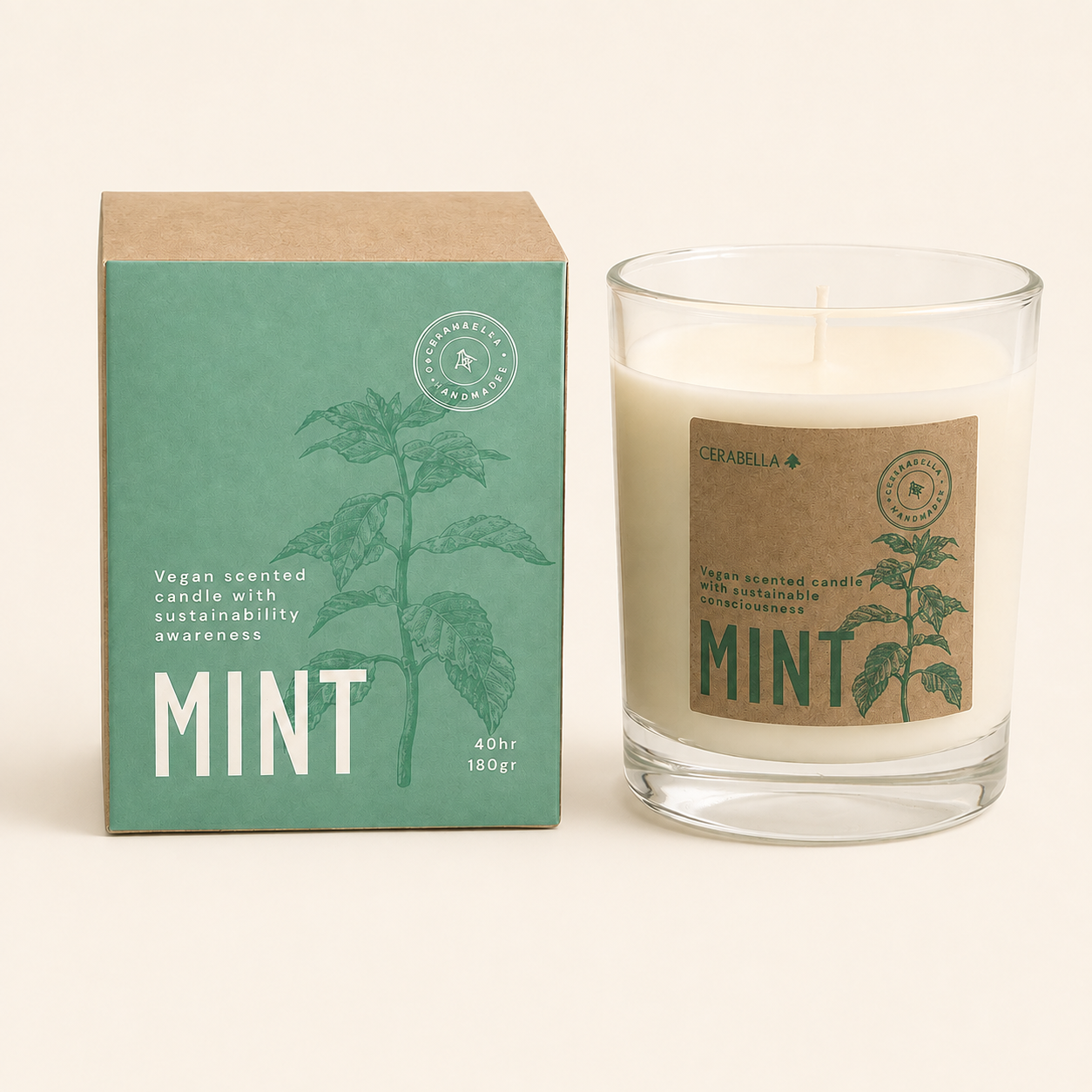Vela Cerabella Botanics Menta sobre fondo beige claro