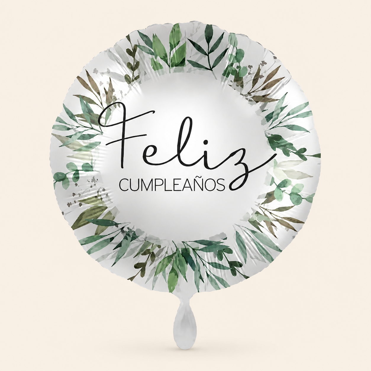Globo de helio Feliz Cumpleaños eucalipto sobre fondo beige claro