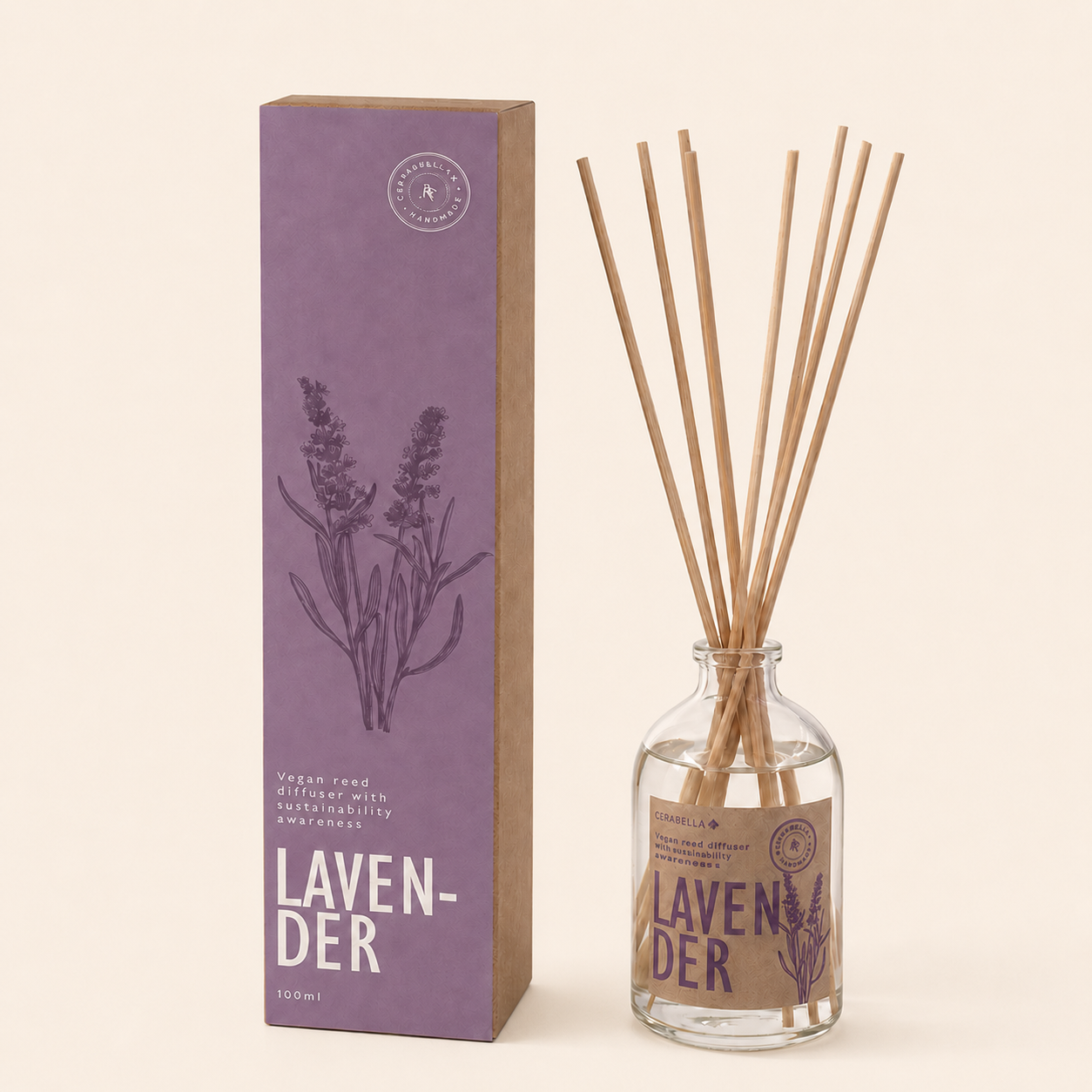 Mikado Cerabella Botanics Lavanda sobre fondo beige claro
