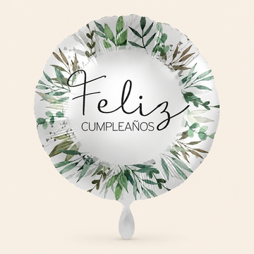 Globo de helio Feliz Cumpleaños eucalipto sobre fondo beige claro