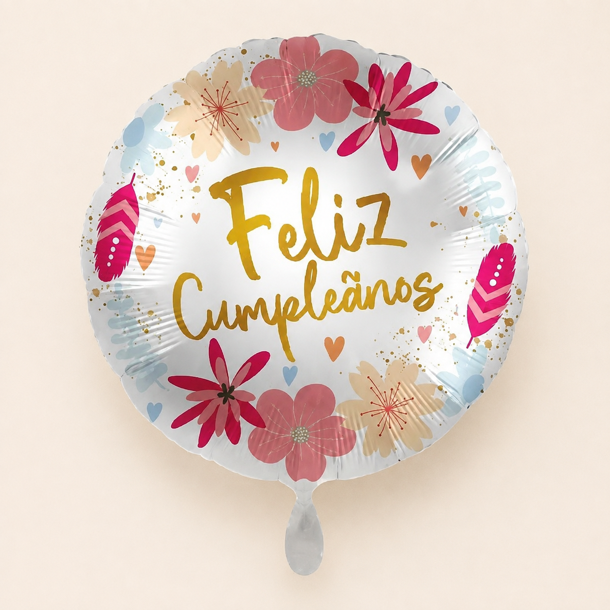 Globo de helio Feliz Cumpleaños floral sobre fondo beige claro